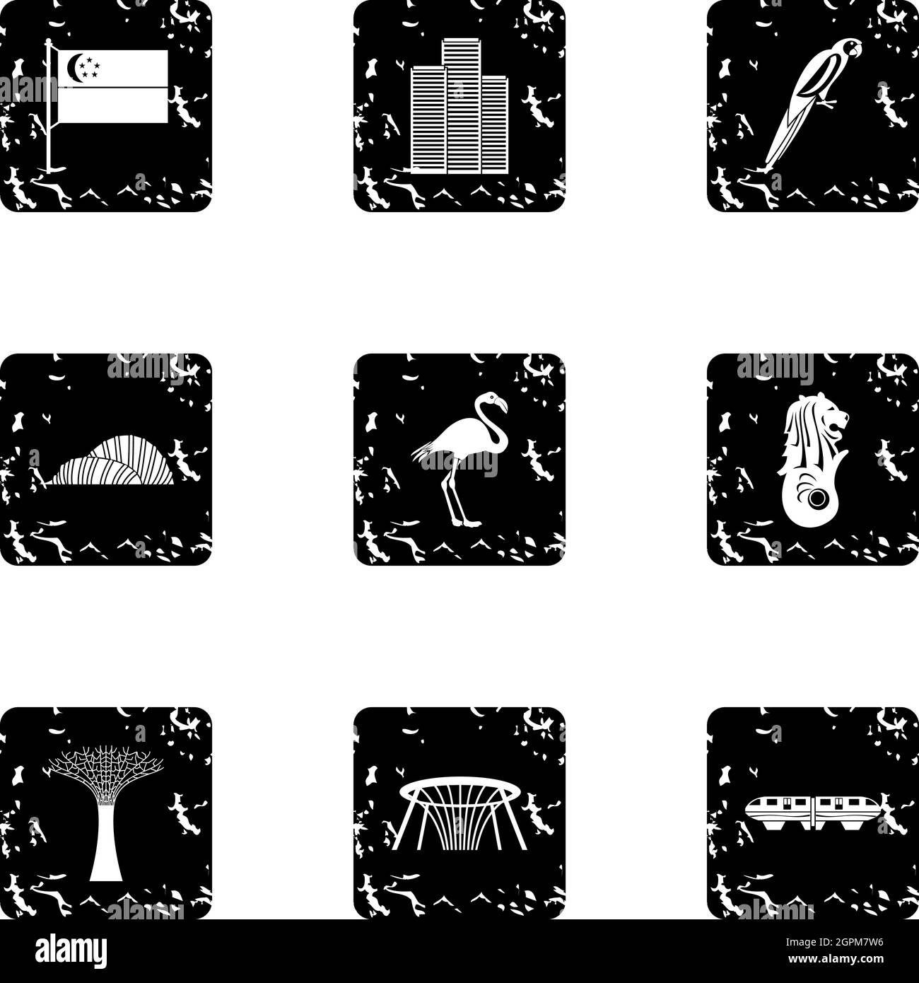 Ensemble d'icônes de Singapour, style grunge Illustration de Vecteur