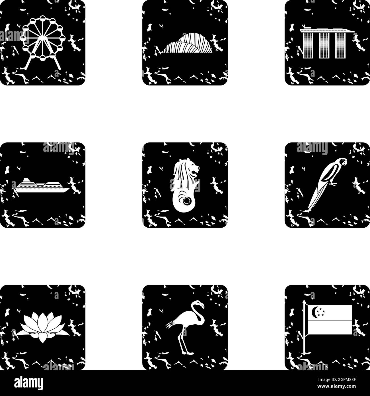 Ensemble d'icônes pays Singapour, style grunge Illustration de Vecteur