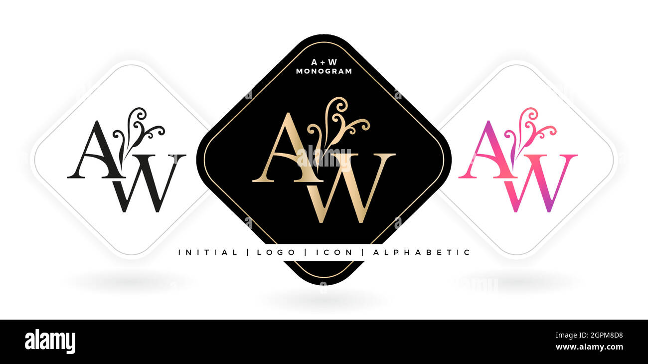 Lettre initiale et nom graphique AW, monogramme AW, pour mariage couple logo monogramme, entreprise de logo et d'icône, avec trois couleurs variantes de dessins avec des arrière-plans isolés blancs Illustration de Vecteur