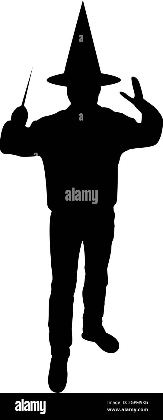 Silhouette Wizard tient magie baguette trick waging sorcery concept magicien sorcier fantaisie personne warlock homme en robe avec baguette magique sorccraft en chapeau manteau mage conjure mystère idée enchantement noir couleur vecteur illustration image de style plat Illustration de Vecteur