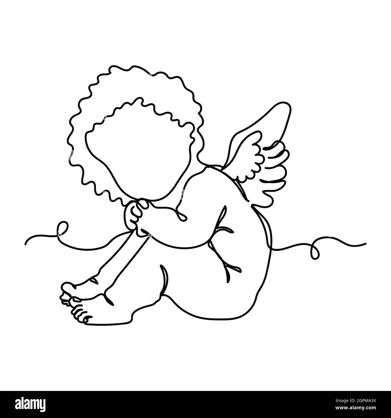Une ligne continue de l'ange cupid petit bébé en silhouette. Style minimaliste. Idéal pour les cartes, les invitations de fête, les affiches, les autocollants et les vêtements. Icône abstraite noire. Illustration de Vecteur