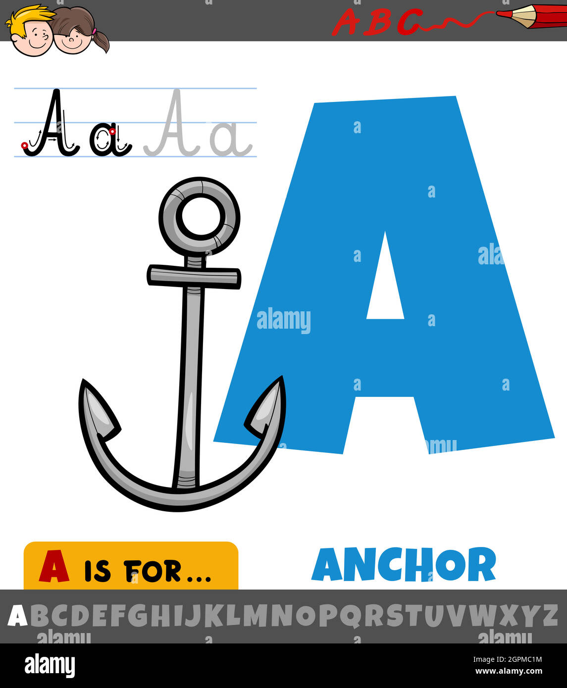 Lettre A de l'alphabet avec objet d'ancrage de dessin animé Illustration de Vecteur