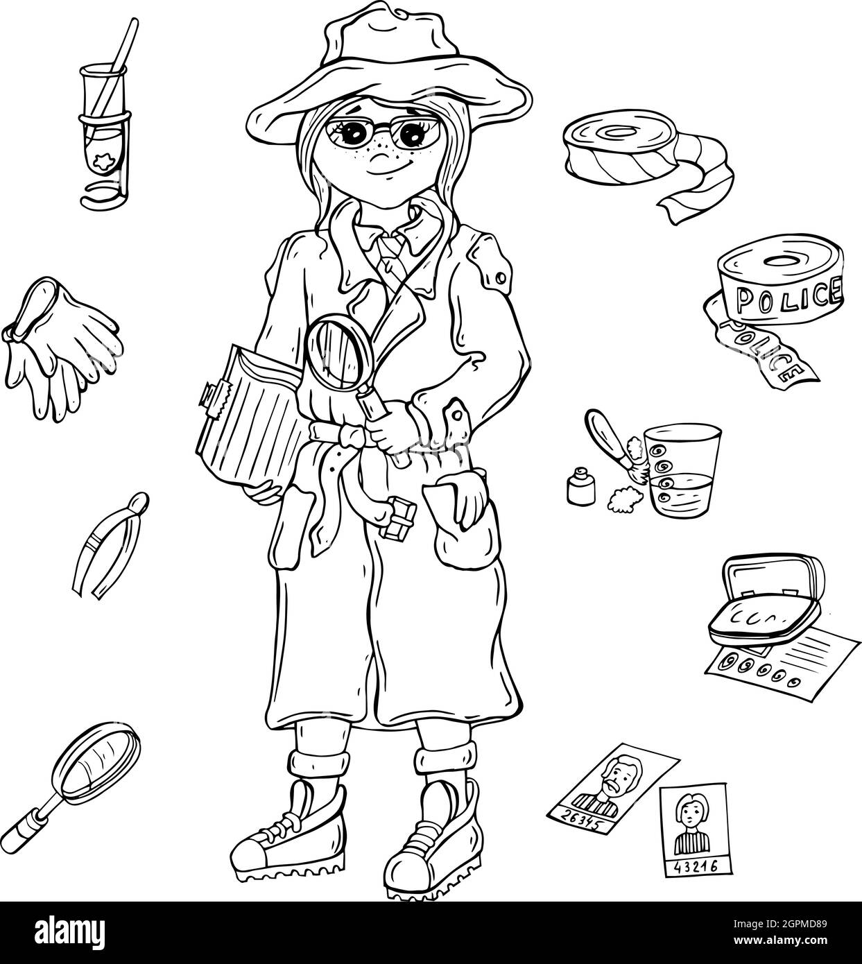 Motif personnage d'occupation détective, dessin animé à plat. Éléments de conception et icônes. Personnage de l'homme. Illustration de Vecteur