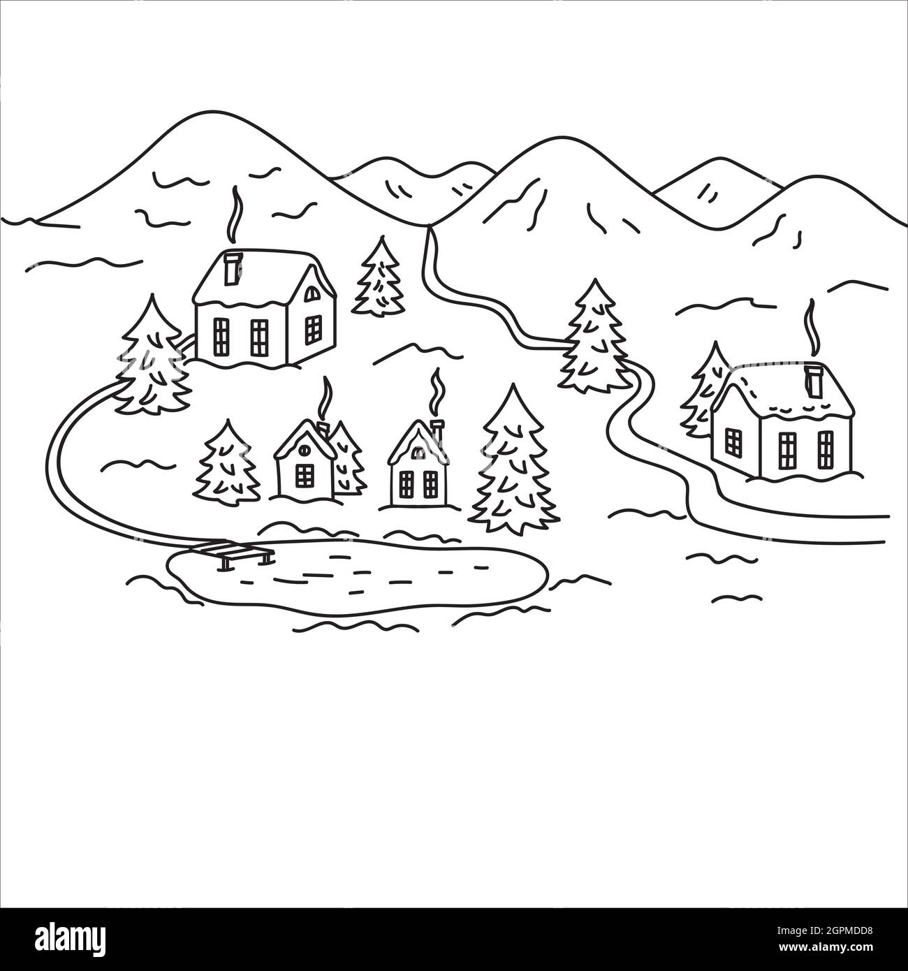 Paysage d'hiver avec maisons, sapins, lac et montagnes.Illustration noire et blanche isolée sur fond blanc.Maisons de Noël. Illustration de Vecteur
