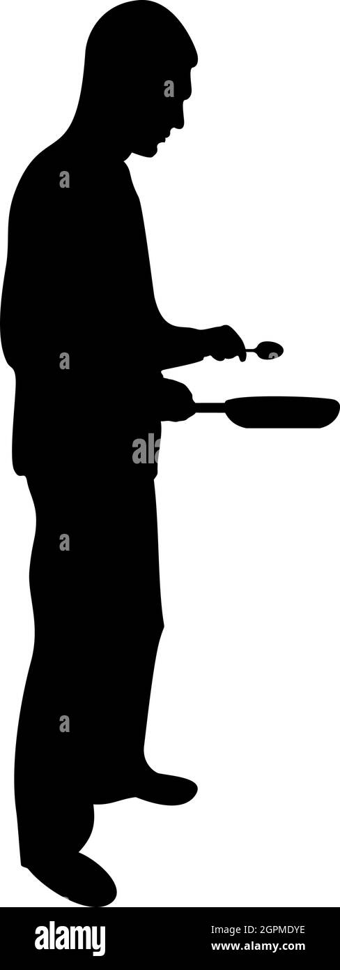 Silhouette homme tient une poêle cuillère chef tenant cuisine ustensile professionnel utilisant le personnel de cuisine concept domestique prepair alimentaire noir couleur vecteur illustration image de style plat Illustration de Vecteur
