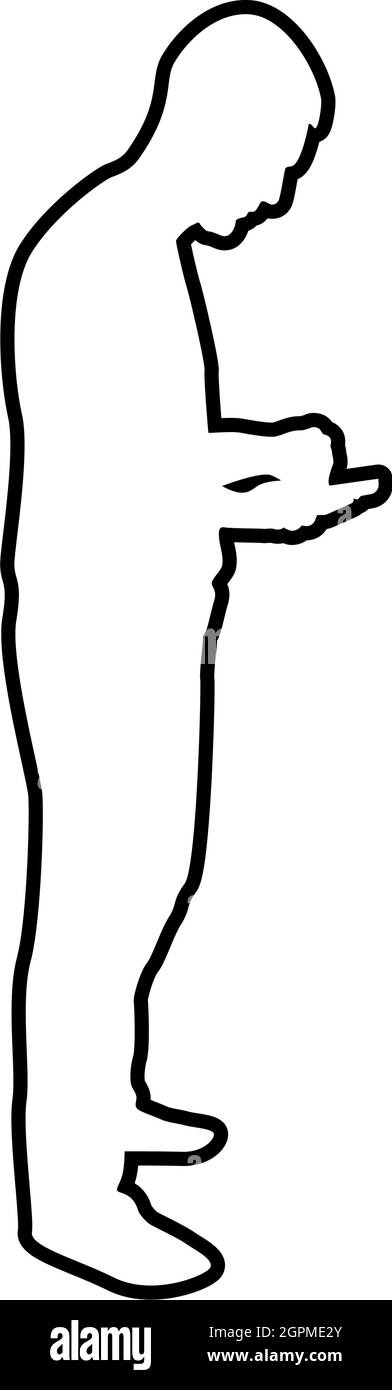 Homme tenant smartphone téléphone jouant tablette Homme utilisant l'outil de communication idée regardant téléphone addiction concept dépendance des technologies modernes contour contour noir couleur vecteur illustration image de style plat Illustration de Vecteur