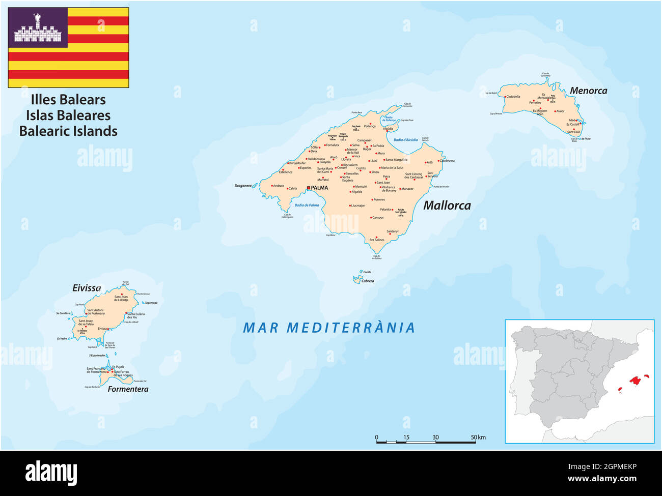 Carte vectorielle des îles Baléares dans l'ouest de la Méditerranée mer Illustration de Vecteur