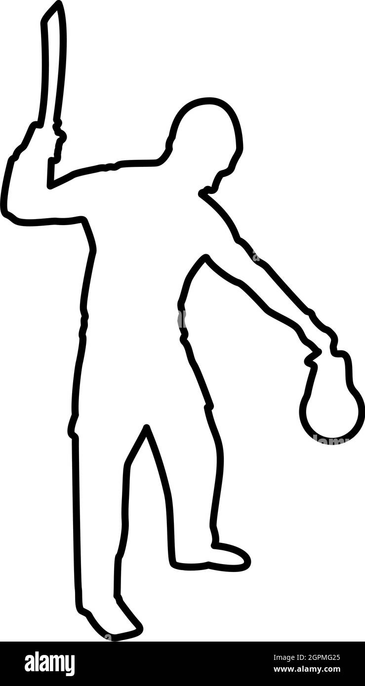 Homme avec une machette d'épée armes froides en main militaire Soldier Serviceman dans les positions Hunter avec le combat de couteau pose le défenseur puissant Warrior concept armes Stand tenant la chose contour contour noir vecteur de couleur image plate de style Illustration de Vecteur