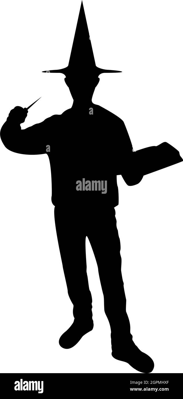 Silhouette Wizard tient magie baguette livre de trick waging sorcery concept magicien sorcier fantaisie personne warlock homme en robe avec baguette magique sorccraft en chapeau manteau mage conjure mystère idée enchantement noir couleur vecteur illustration image plate de style Illustration de Vecteur