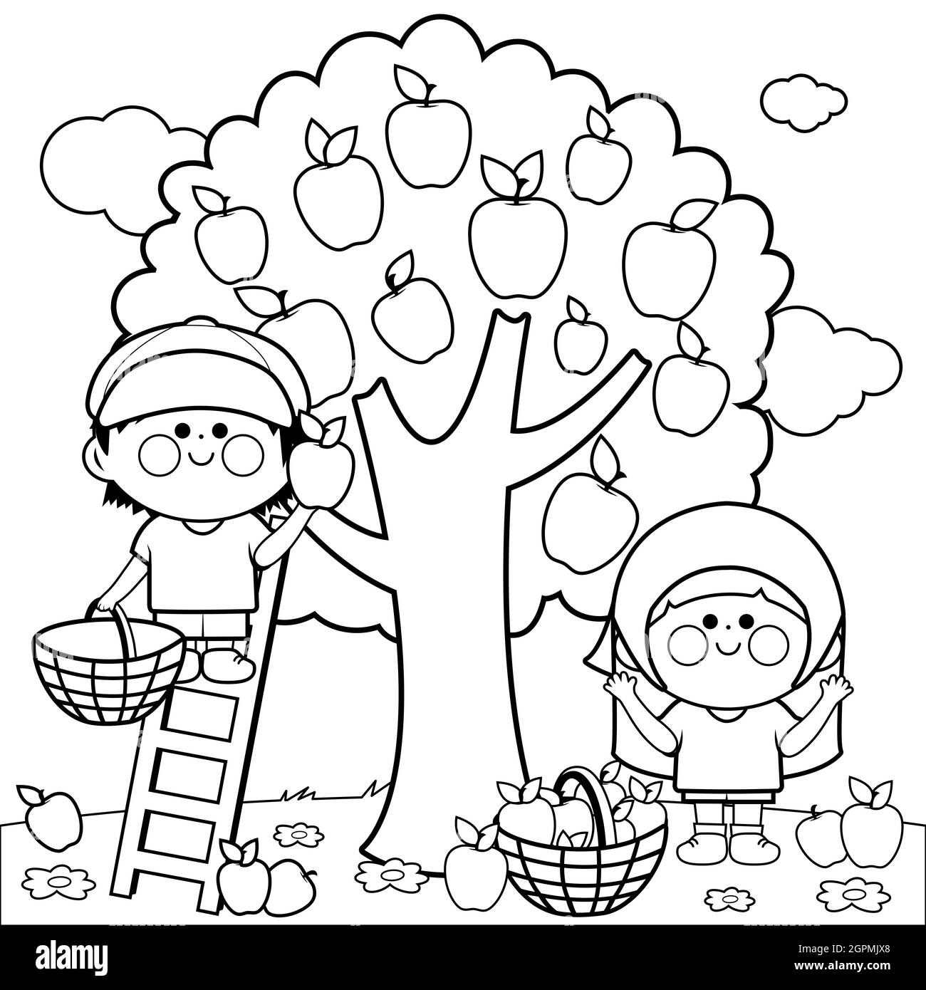 Deux enfants, un garçon et une fille cueillant des pommes sous un pommier. Garçon est sur une échelle de cueillette des pommes. Page de couleur noir et blanc. Banque D'Images