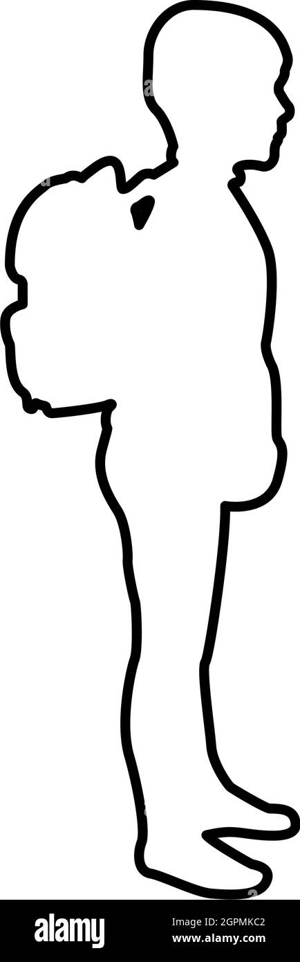 Écolier avec sac à dos élève porte sur le dos aller à l'école concept revenir à l'école idée éducation sac à dos de Preschooler premier septembre commencer leçons knapack vue latérale contour noir couleur vecteur illustration image plate de style Illustration de Vecteur