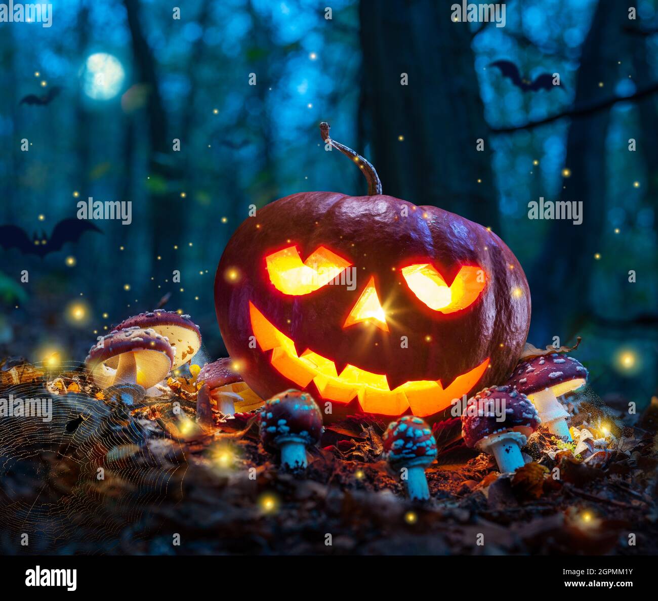Thème d'Halloween avec citrouille lumineuse dans la forêt d'automne sombre avec amanita et lune. Halloween horreur fond. Banque D'Images