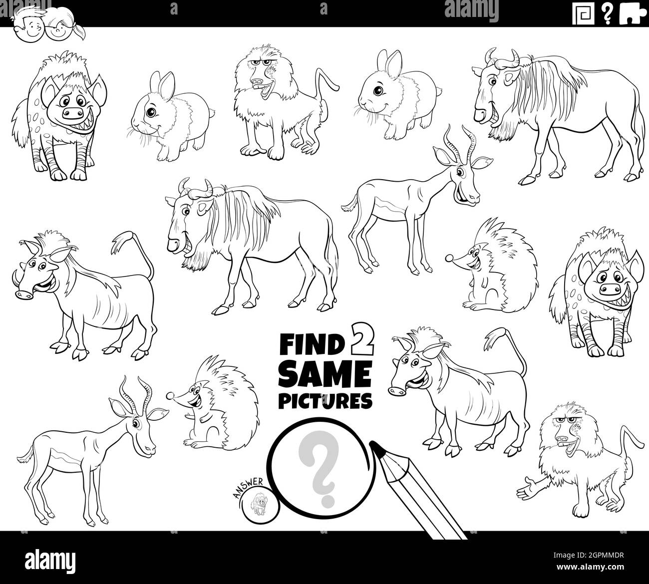 trouvez deux mêmes animaux sauvages jeu de coloriage page livre Illustration de Vecteur
