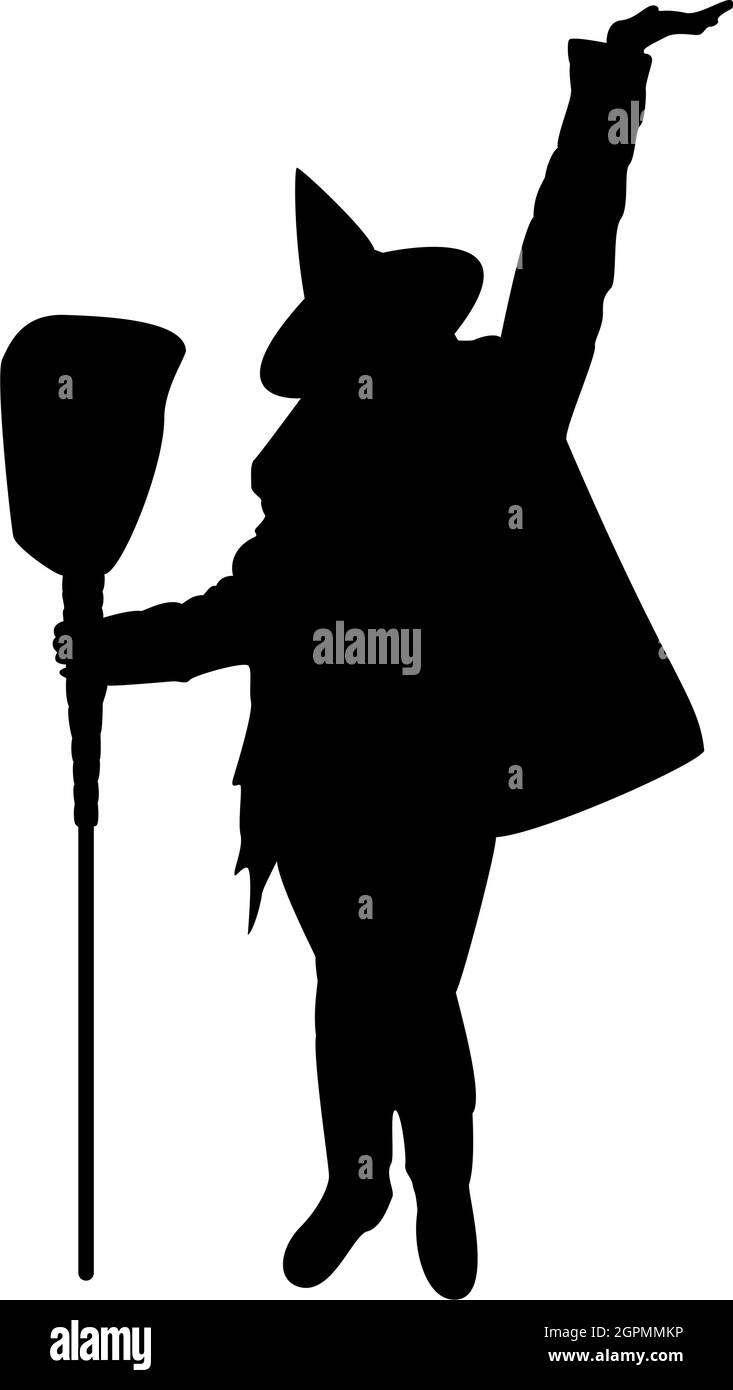 Silhouette fée sorcière sorcière debout avec sujet de balai pour halloween concept noir couleur vecteur image de style plat Illustration de Vecteur
