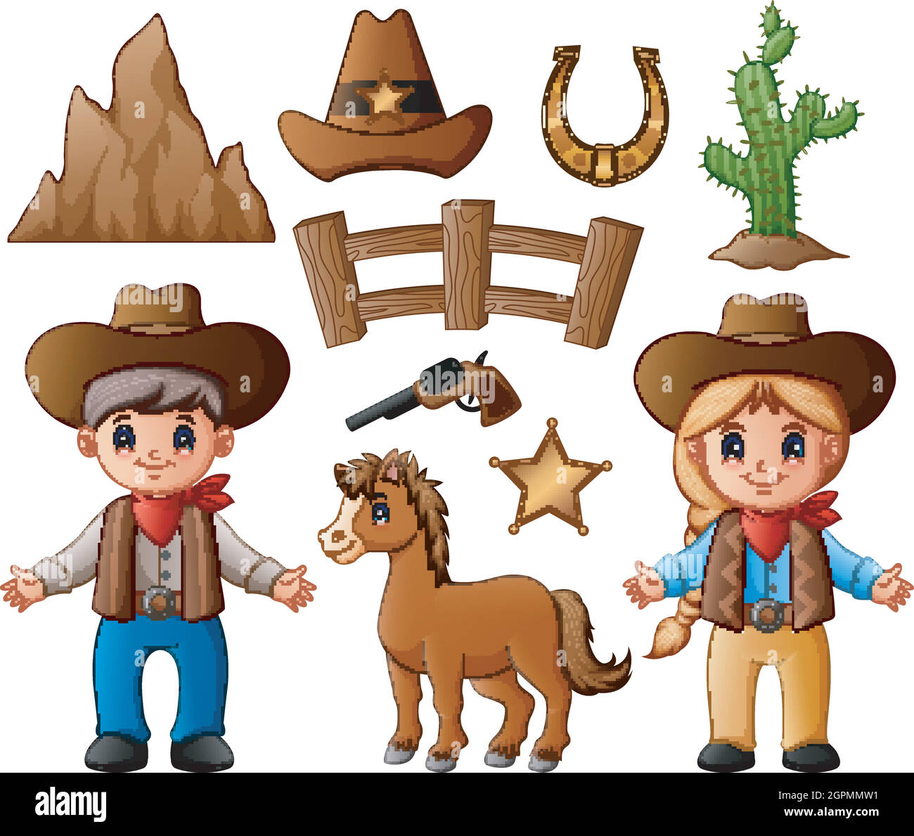 Cowboy de dessin animé et cowgirl avec des éléments sauvages de l'ouest Illustration de Vecteur