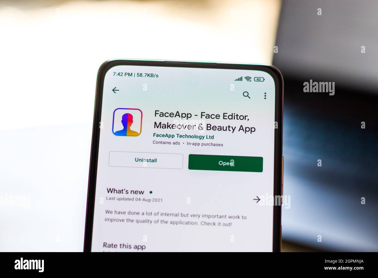 West Bangal, Inde - 28 septembre 2021 : logo de Faceapp sur l'image de stock de l'écran du téléphone. Banque D'Images