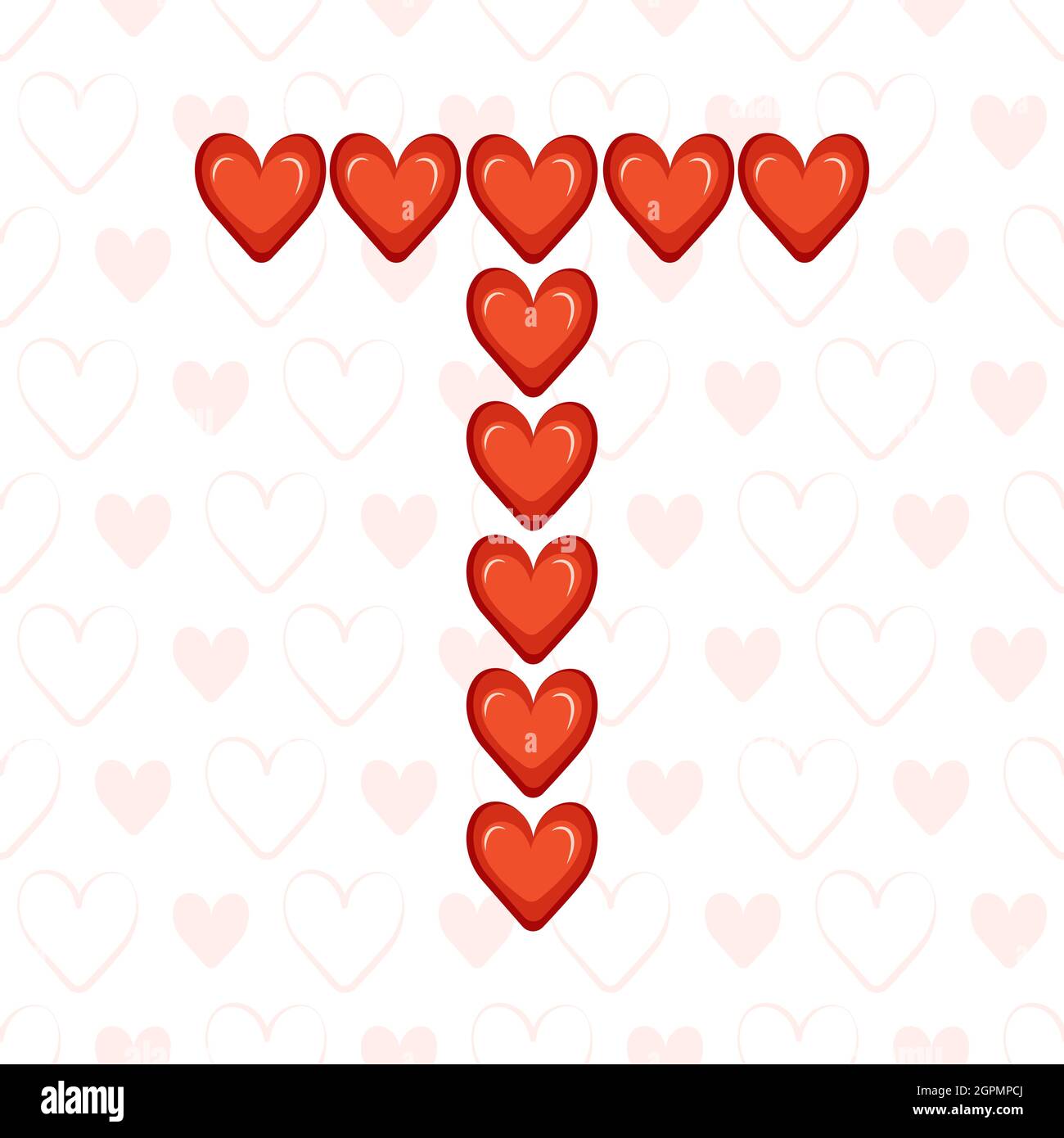 Lettre T de coeurs rouges sur un motif sans couture avec symbole amour. Police ou décoration festive pour le jour de la Saint-Valentin, le mariage, les vacances et le design Illustration de Vecteur