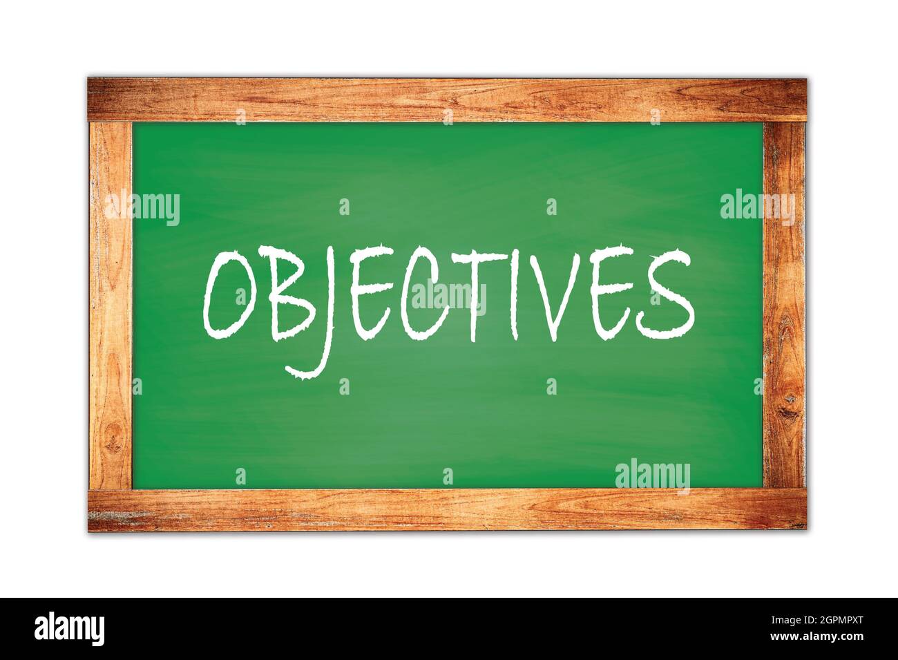 OBJECTIFS texte écrit sur le tableau noir de l'école de cadre en bois vert. Banque D'Images