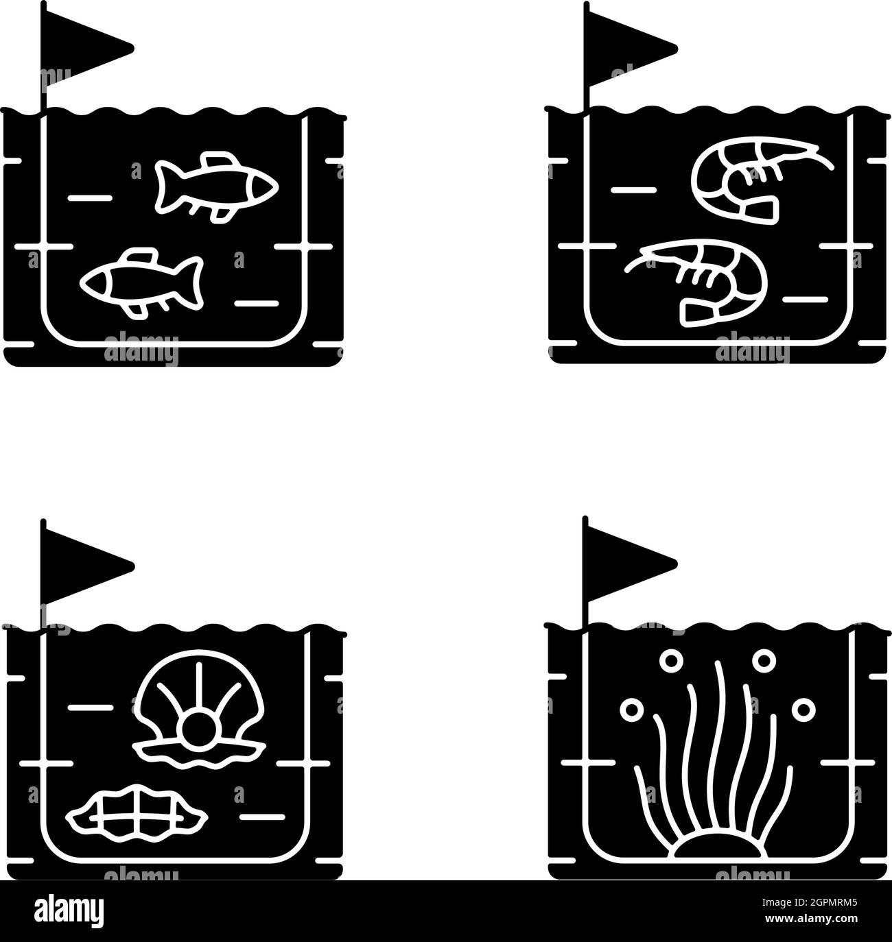 Les icônes de glyphe noir de l'agriculture commerciale de produits marins sont placées dans l'espace blanc Illustration de Vecteur