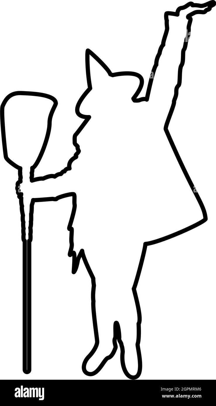Fée Wizard Witch debout avec un sujet de balai pour Halloween concept contour contour noir couleur vecteur illustration image de style plat Illustration de Vecteur