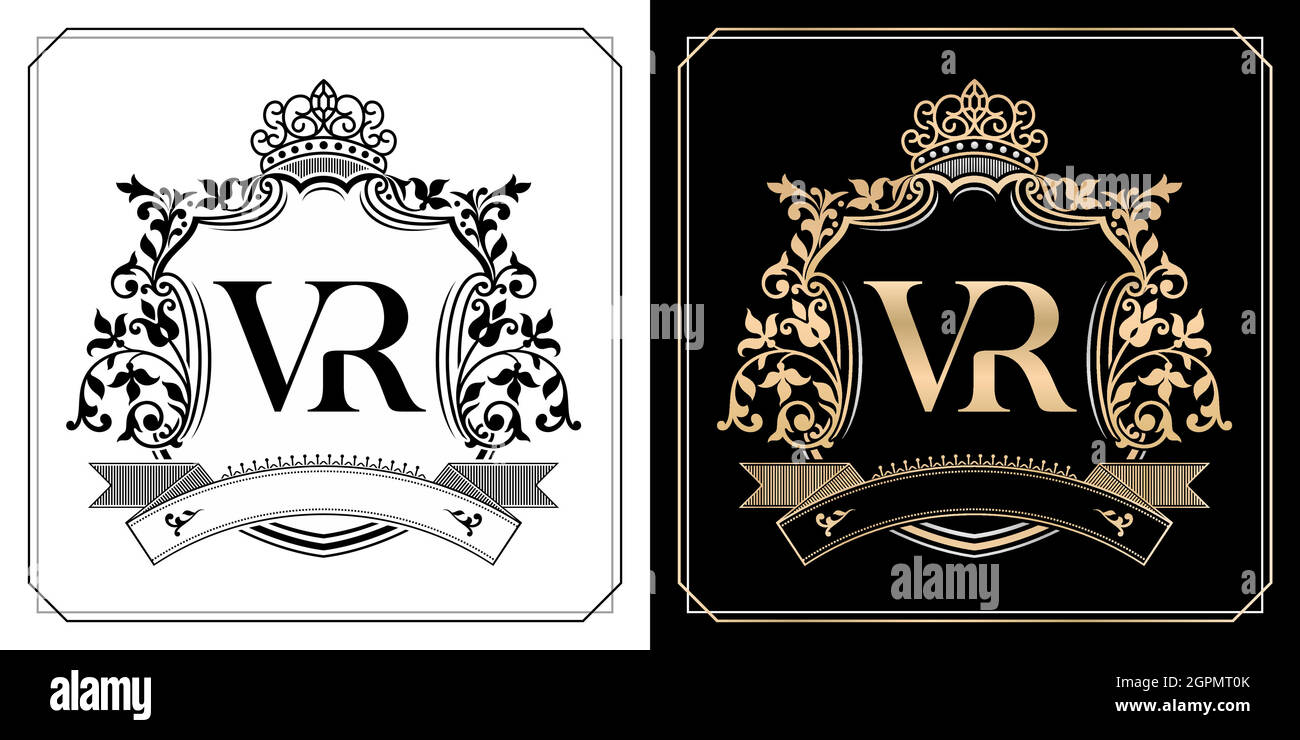 Emblème royal VR avec couronne, lettre initiale et nom graphique cadres bordure des motifs floraux avec deux couleurs différentes, VR Monogram, pour insigne, cadres de lettre initiale, nom de couple de mariage Illustration de Vecteur