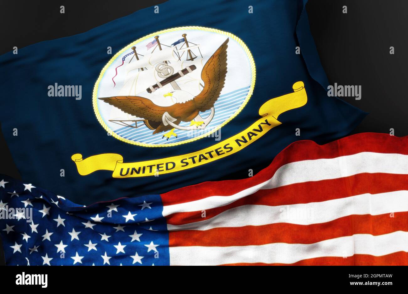 Drapeau de la marine des Etats-Unis avec un drapeau des Etats-Unis d'Amérique comme symbole d'un lien entre eux, illustration 3d Banque D'Images