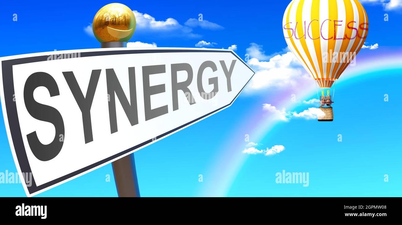 La synergie mène au succès - montré comme un signe avec une phrase Synergy pointant vers le ballon dans le ciel avec des nuages pour symboliser la signification de Synergy, 3d il Banque D'Images
