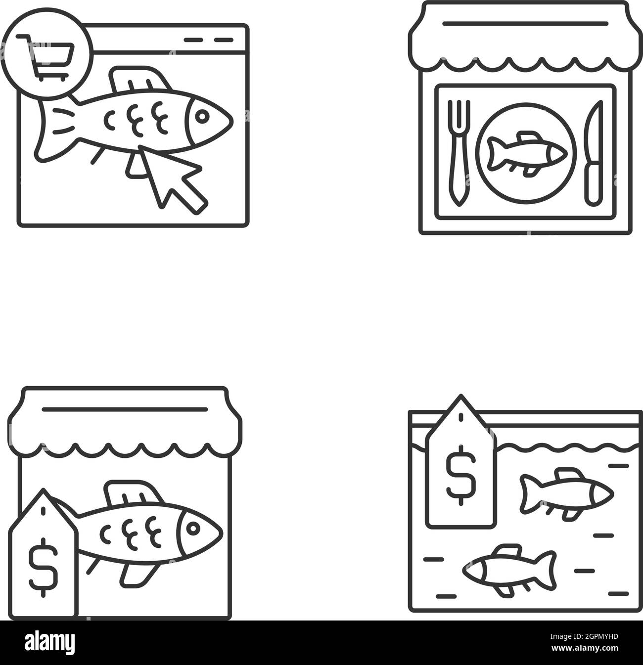 Ensemble d'icônes linéaires de vente de produits de la mer Illustration de Vecteur