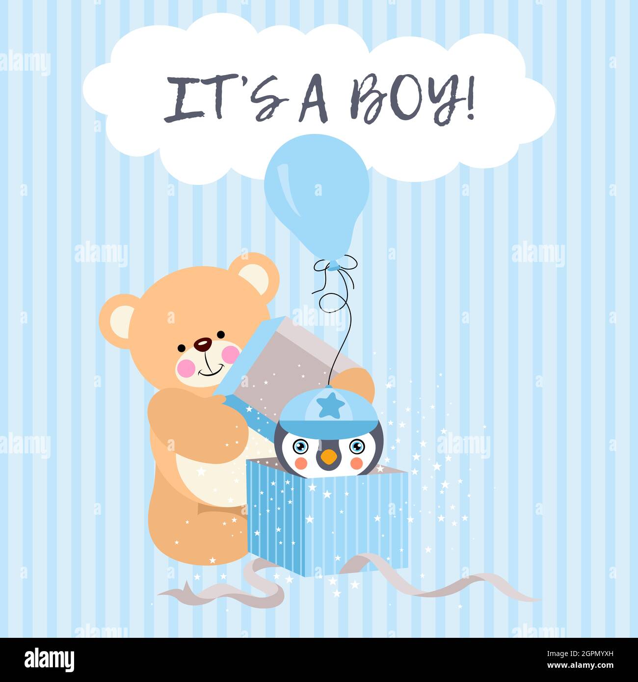 Carte D Invitation Pour Bebe Garcon A Motif Ours En Peluche Et Pingouin De Douche Photo Stock Alamy