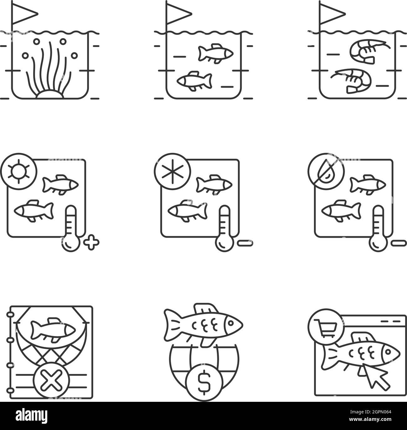 Ensemble d'icônes linéaires pour l'élevage et le stockage des produits de la pêche Illustration de Vecteur