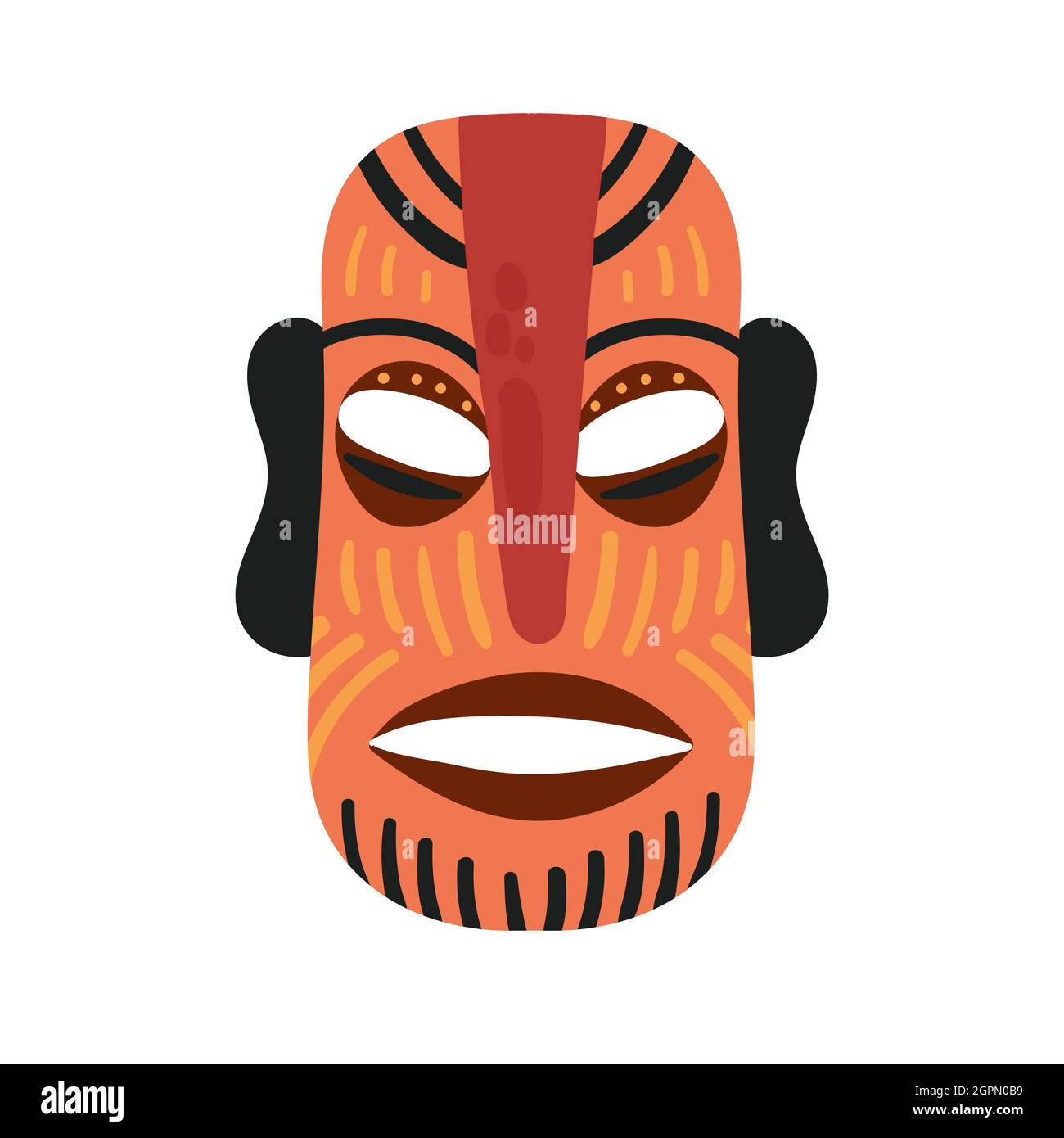 Masque Tiki dol, totem ethnique marron avec des rayures illustration vectorielle. Modèle de masque de dessin animé, sculpture de masque de visage tribal en bois, cérémonie dans la tribu isolée sur blanc Illustration de Vecteur