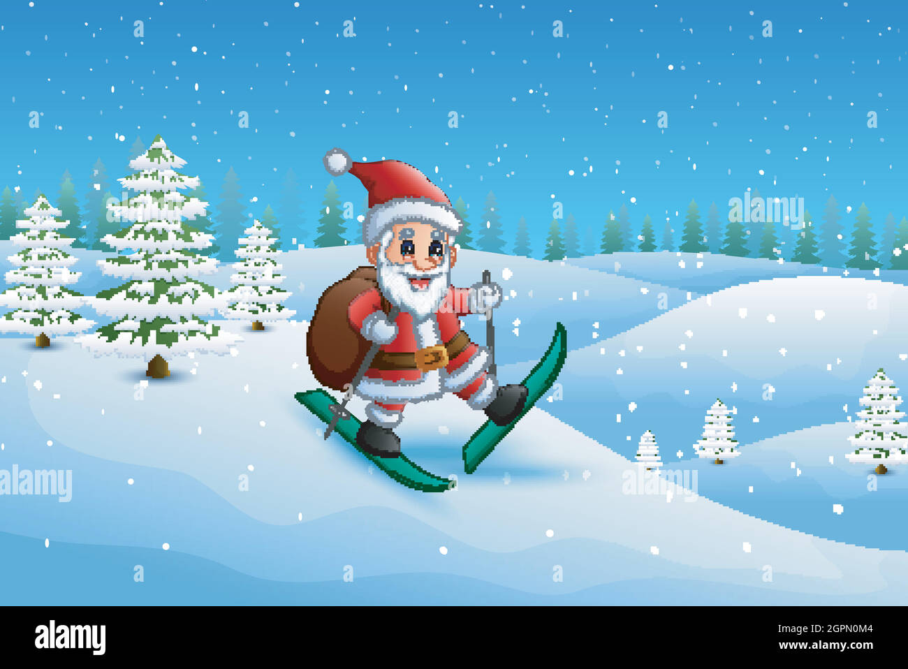 Le Père noël skier dans la colline de neige avec sac de cadeaux Illustration de Vecteur