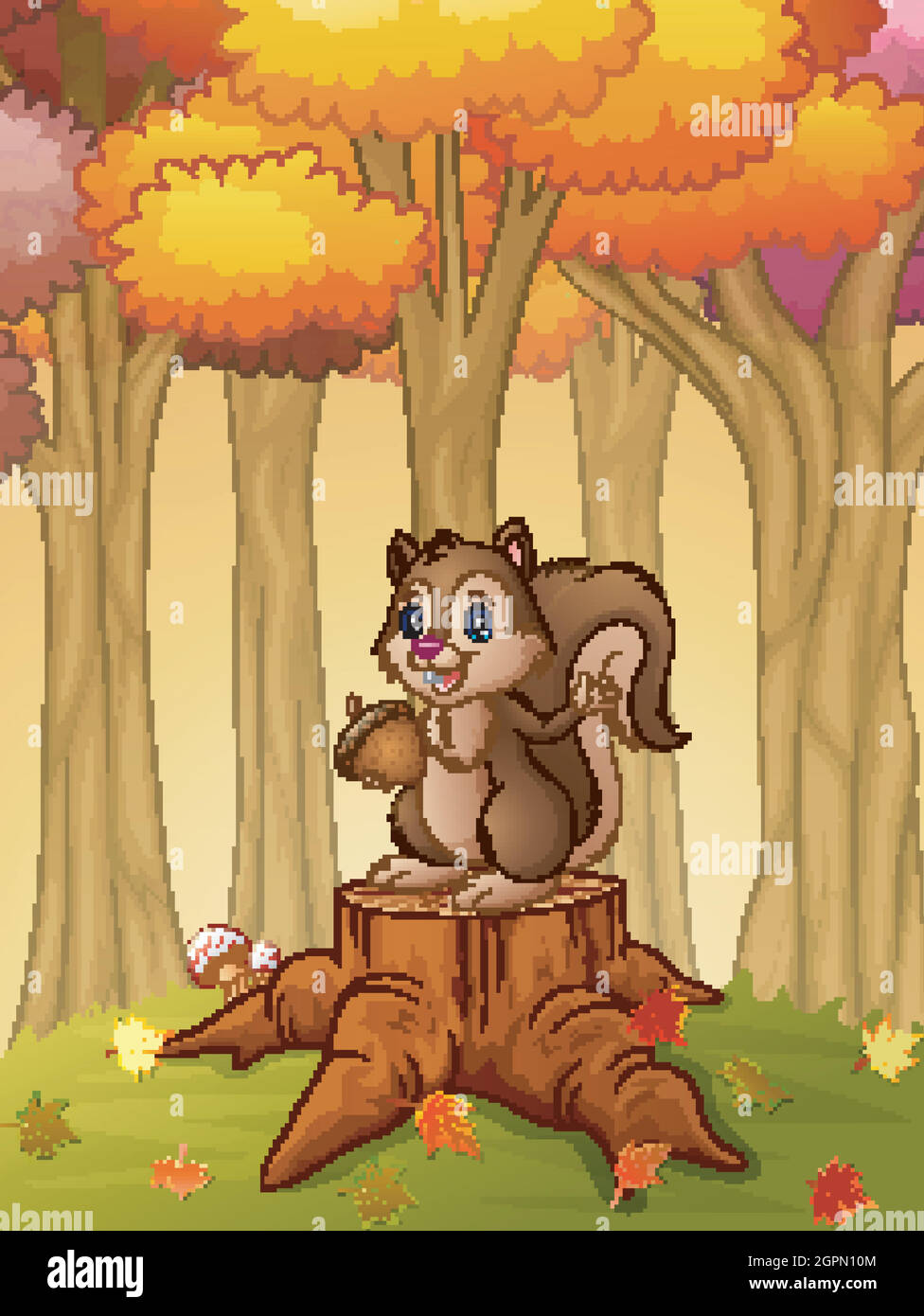 Écureuil de dessin animé tenant des glands dans la forêt Illustration de Vecteur