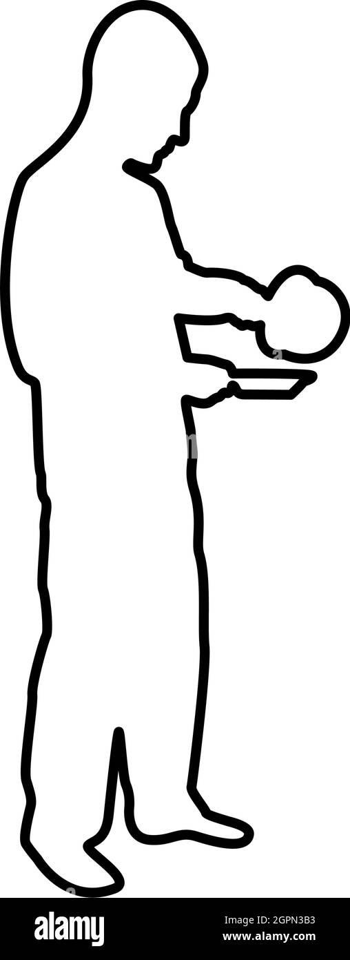 Homme avec une casserole dans ses mains préparer la nourriture cuisine masculine utiliser des sauciers eau versée dans le contour de la plaque contour noir couleur vecteur illustration image de style plat Illustration de Vecteur