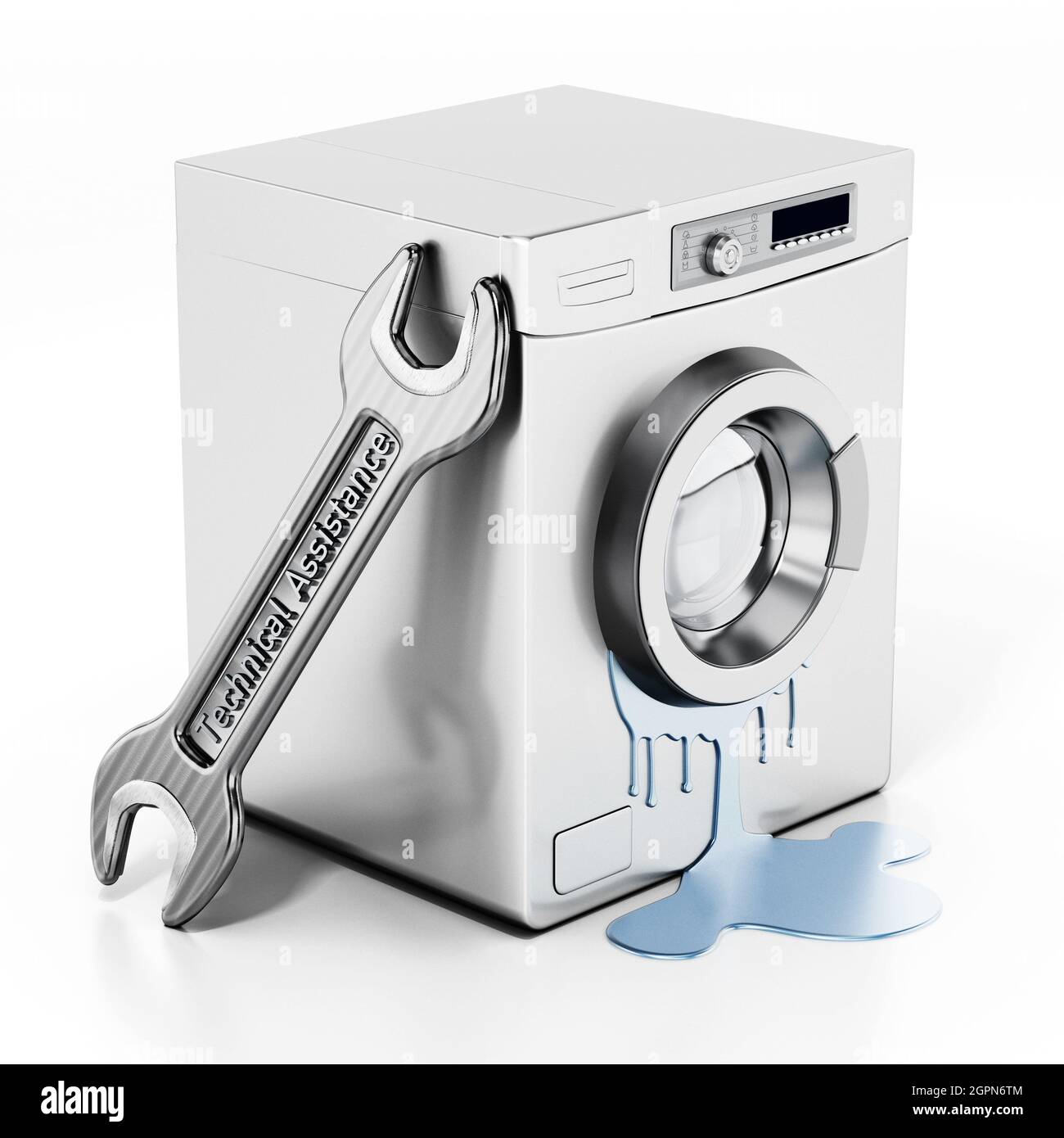Lave-linge, clé et tournevis. Concept de réparation d'appareils ménagers. Illustration 3D. Banque D'Images