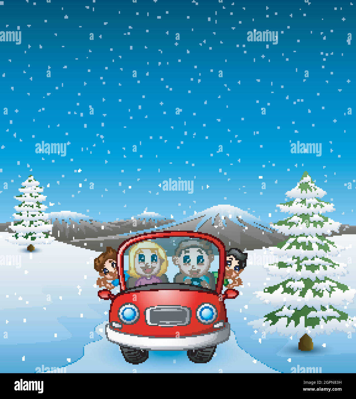 Bonne famille à bord d'une voiture dans la colline de neige Illustration de Vecteur