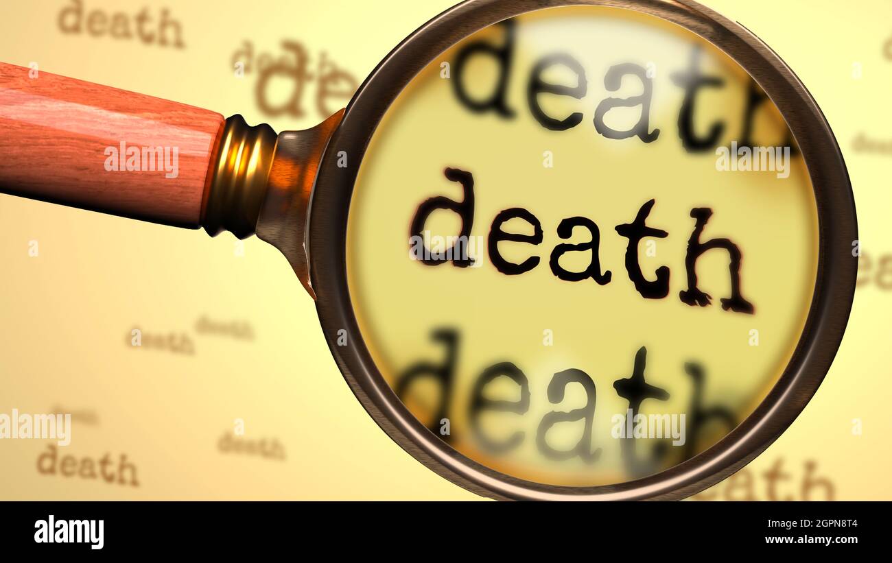 La mort - concept abstrait et une loupe agrandissant le mot anglais la mort pour symboliser l'étude, l'examen ou la recherche d'une explication et answ Banque D'Images