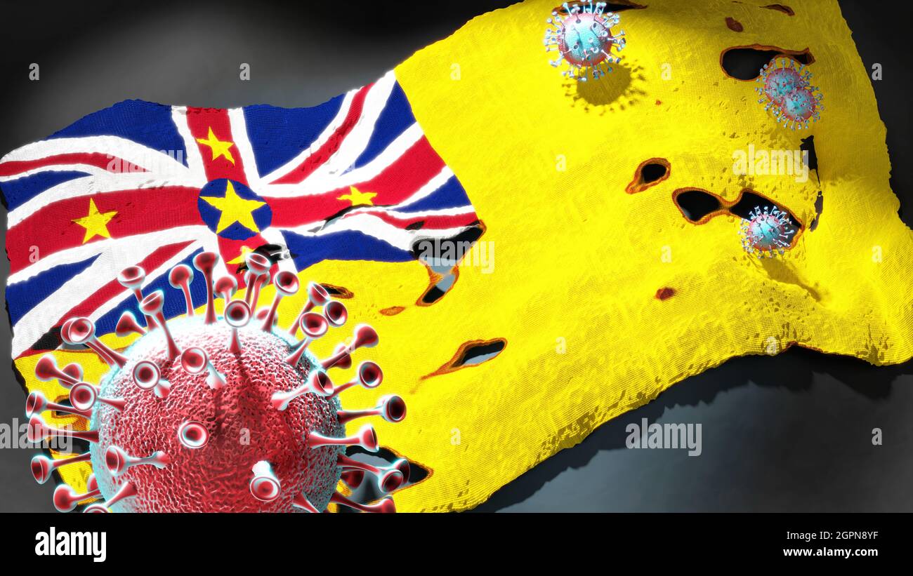 Covid à Nioué - coronavirus attaquant un drapeau national de Nioué comme symbole d'un combat et d'une lutte contre la pandémie de virus dans ce pays, 3d illustraa Banque D'Images