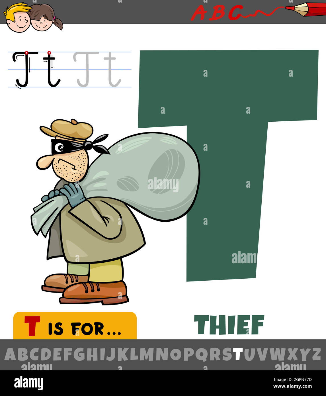 Lettre T de l'alphabet avec personnage de voleur de dessin animé Illustration de Vecteur
