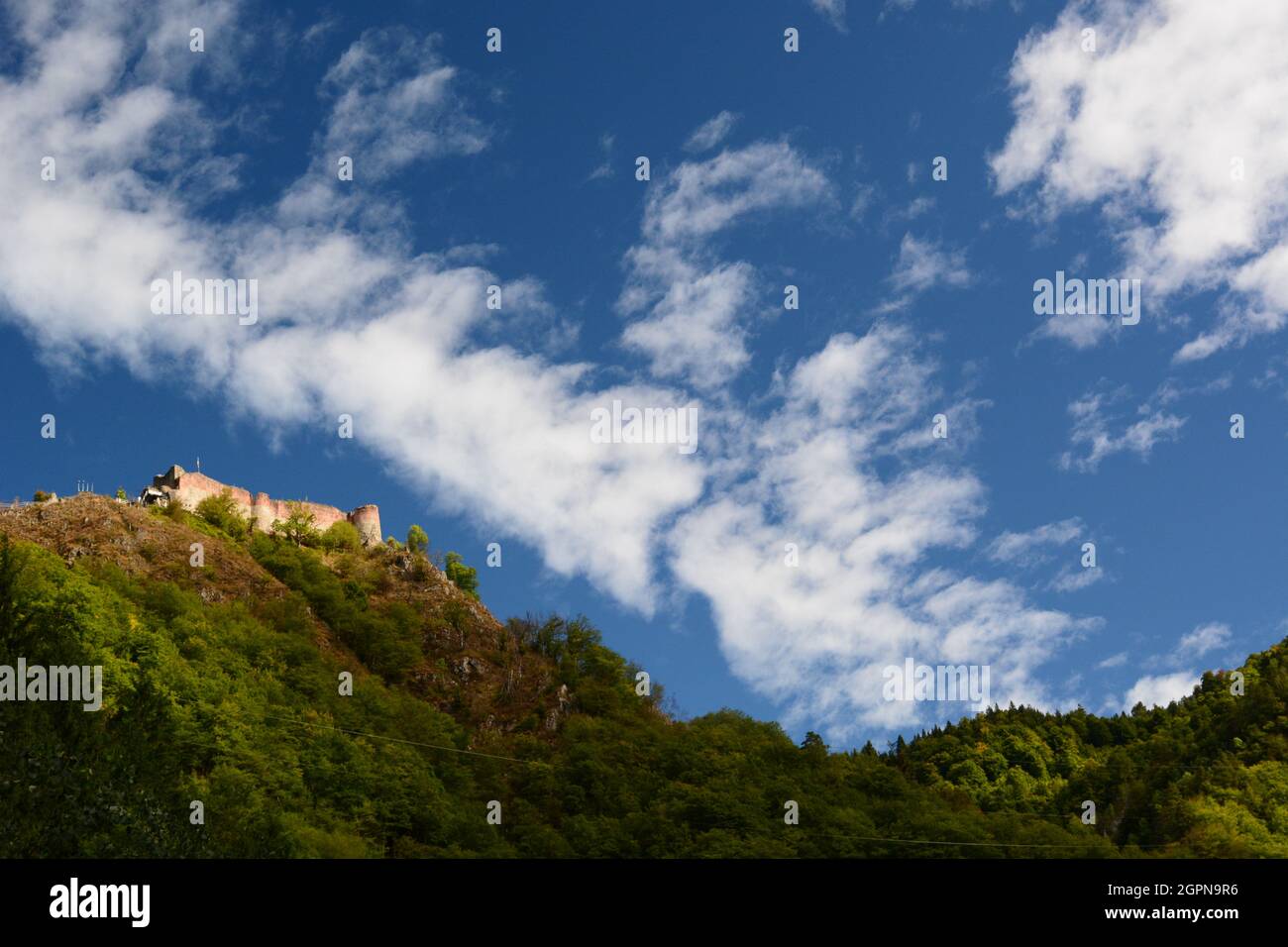 Vue sur le château de Poenari, au sommet du mont Cetatea.Arefu.Comté d'Arges.Roumanie Banque D'Images