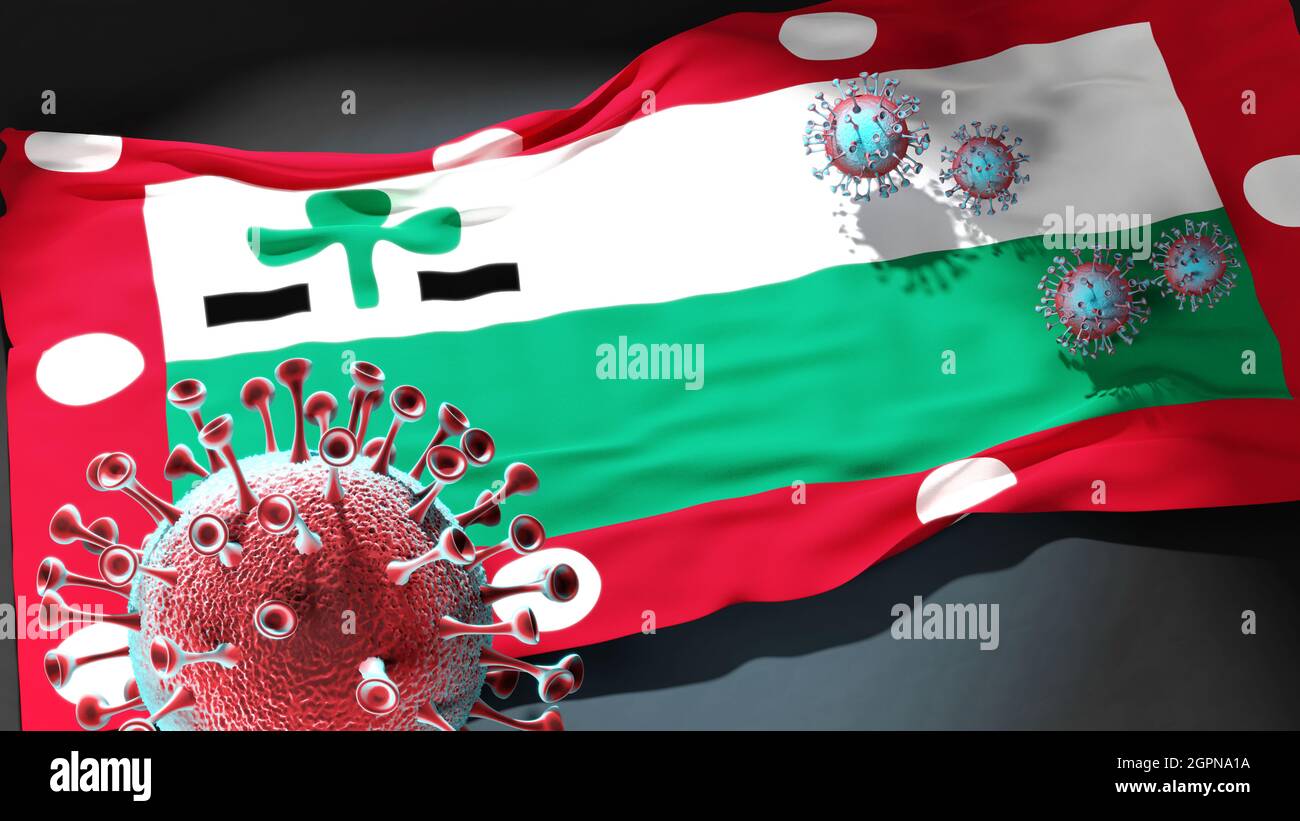 Covid à Meppel - coronavirus attaquant un drapeau de la ville de Meppel comme symbole d'un combat et de la lutte contre la pandémie de virus dans cette ville, 3d illustrate Banque D'Images