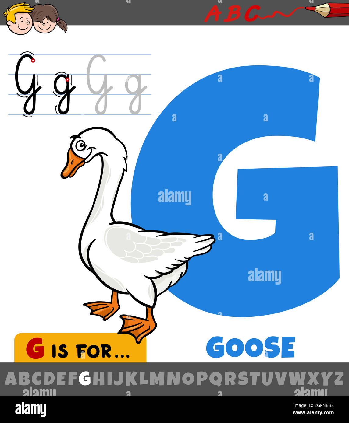 Lettre G de l'alphabet avec personnage de dessin animé animal d'oie Illustration de Vecteur