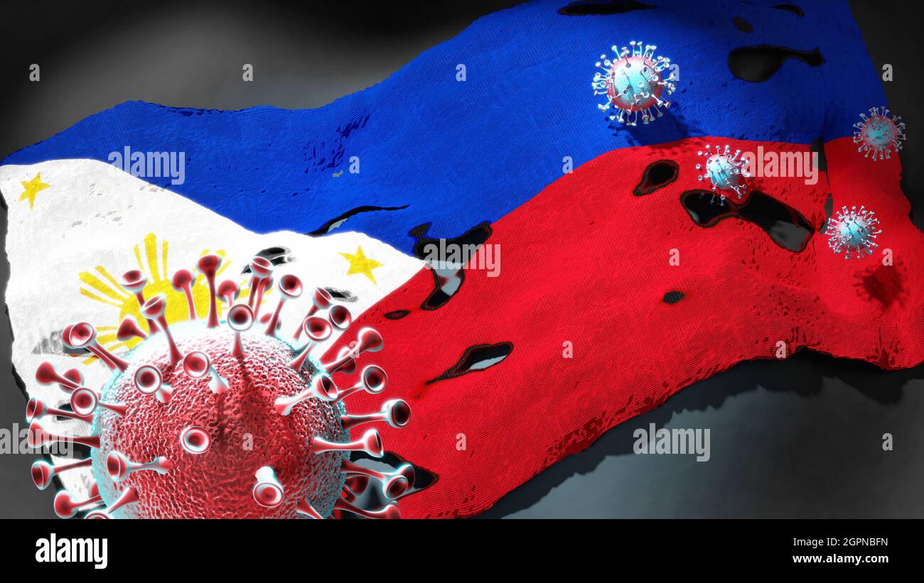 Covid aux Philippines - le coronavirus attaque un drapeau national des Philippines comme symbole d'une lutte et d'une lutte contre la pandémie de virus dans ce pays Banque D'Images