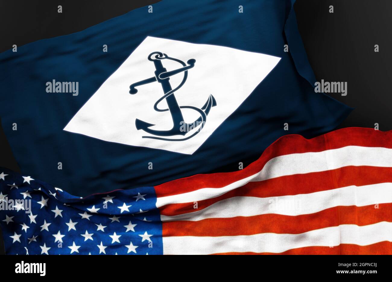 Drapeau du bataillon d'infanterie de la marine des États-Unis avec un drapeau des États-Unis d'Amérique comme symbole de l'unité entre eux, illustrat 3d Banque D'Images