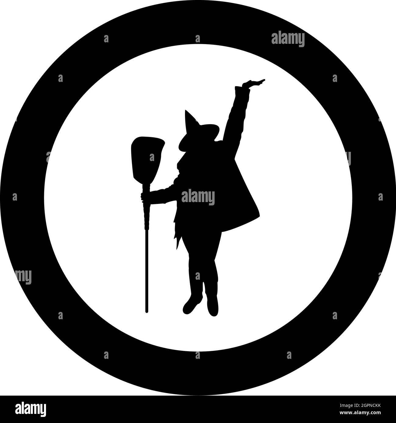 Fée Wizard Witch debout avec le sujet de balai pour Halloween concept silhouette en cercle rond noir couleur vecteur illustration image de style de contour solide Illustration de Vecteur