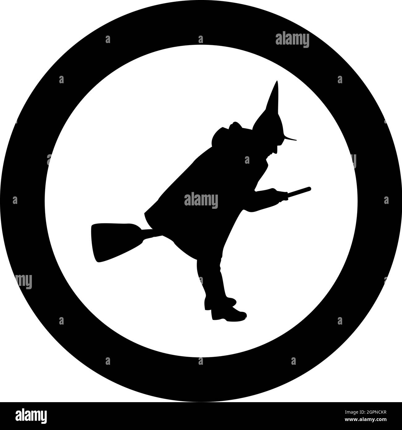 Fée Wizard Witch volant sur le sujet de balai pour Halloween concept silhouette en cercle rond noir couleur vecteur illustration image de style de contour solide Illustration de Vecteur