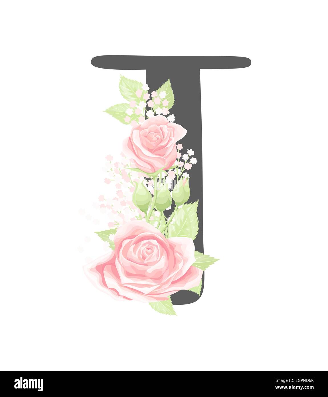Lettre T de l'alphabet floral vectoriel avec fleurs roses crème et feuilles vertes Illustration de Vecteur