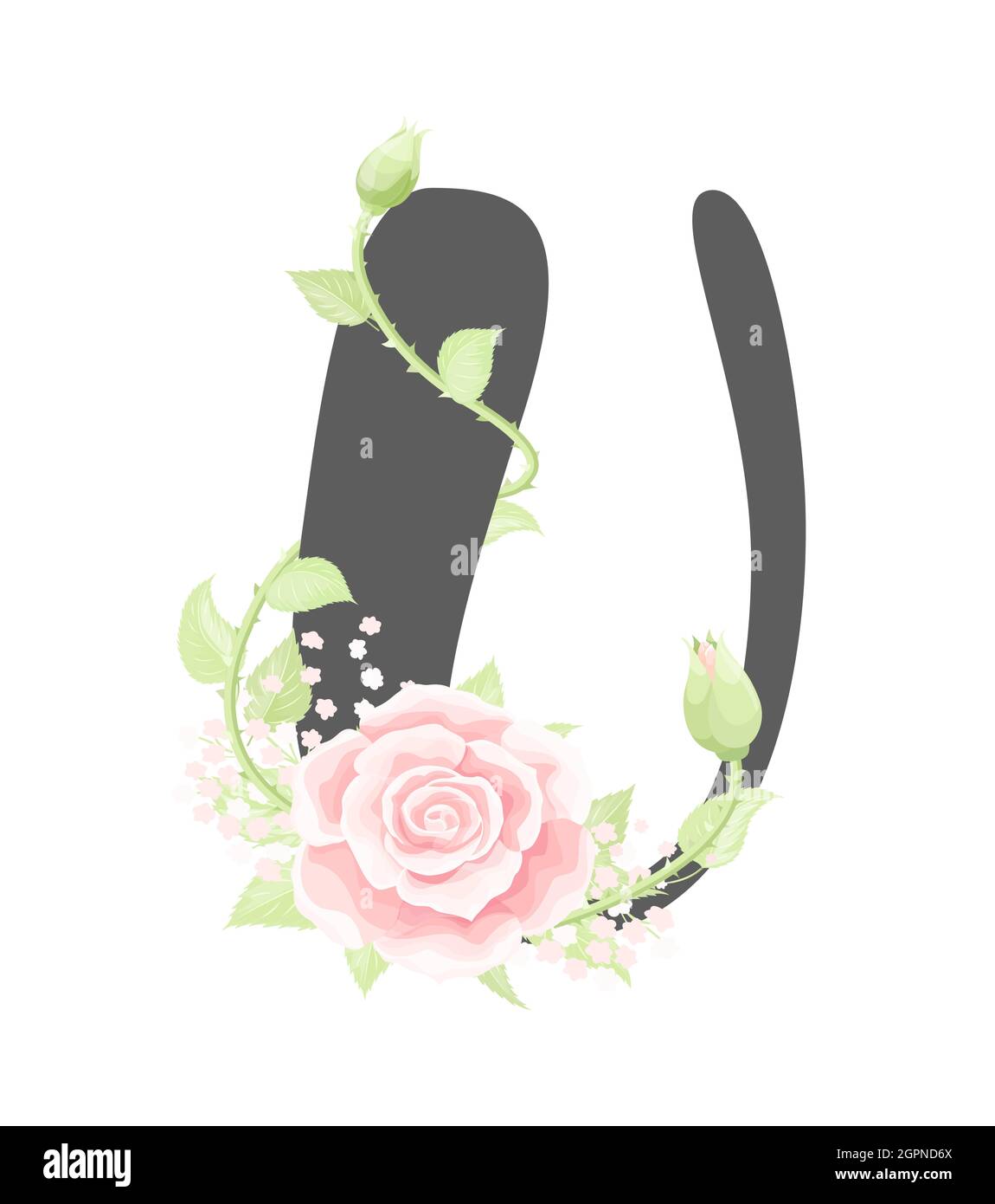 Lettre U de l'alphabet floral vectoriel avec fleurs roses crème et feuilles vertes Illustration de Vecteur