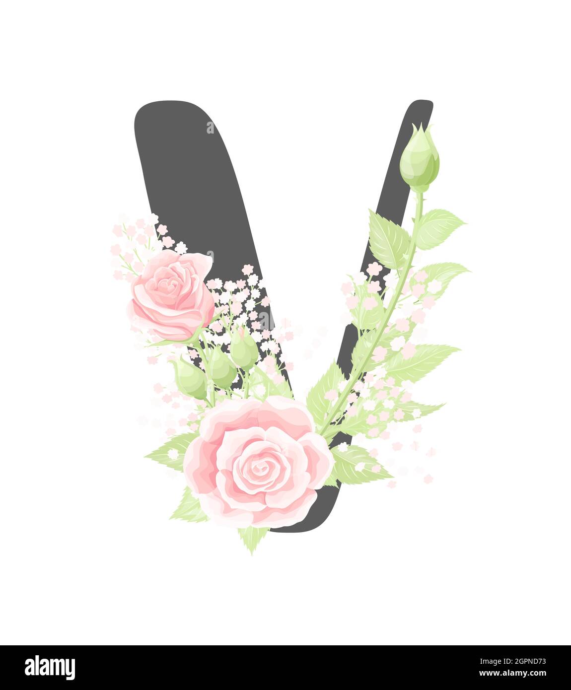 Lettre V de l'alphabet floral vectoriel avec fleurs roses crème et feuilles vertes Illustration de Vecteur