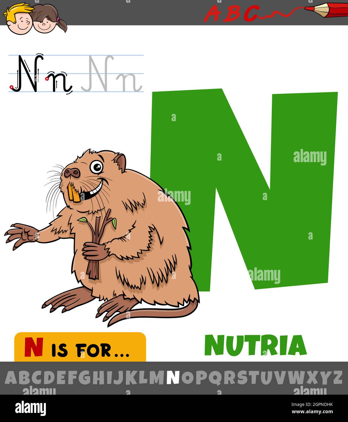 Lettre N de l'alphabet avec caractère animal nutria Illustration de Vecteur